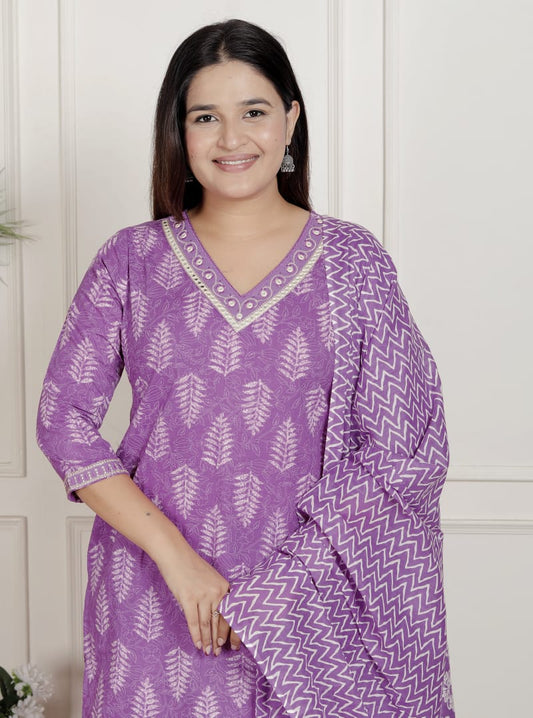 Women’s Purple Cotton Printed Kurta Pant with Dupatta – Ethnic Suit Set