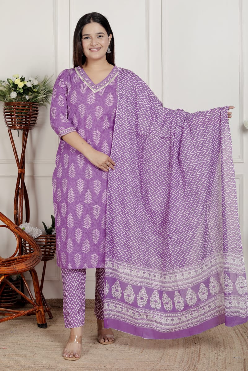 Women’s Purple Cotton Printed Kurta Pant with Dupatta – Ethnic Suit Set