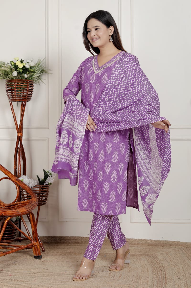 Women’s Purple Cotton Printed Kurta Pant with Dupatta – Ethnic Suit Set